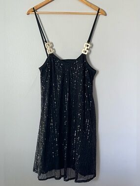 Women Black Sequin Spaghetti Strap Lined Midi Party Dress